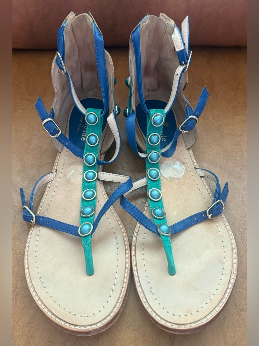 Kate Spade New York Soto Flat Sandals Blue Green Studded Leather Size 7.5 - Picture 3 of 10